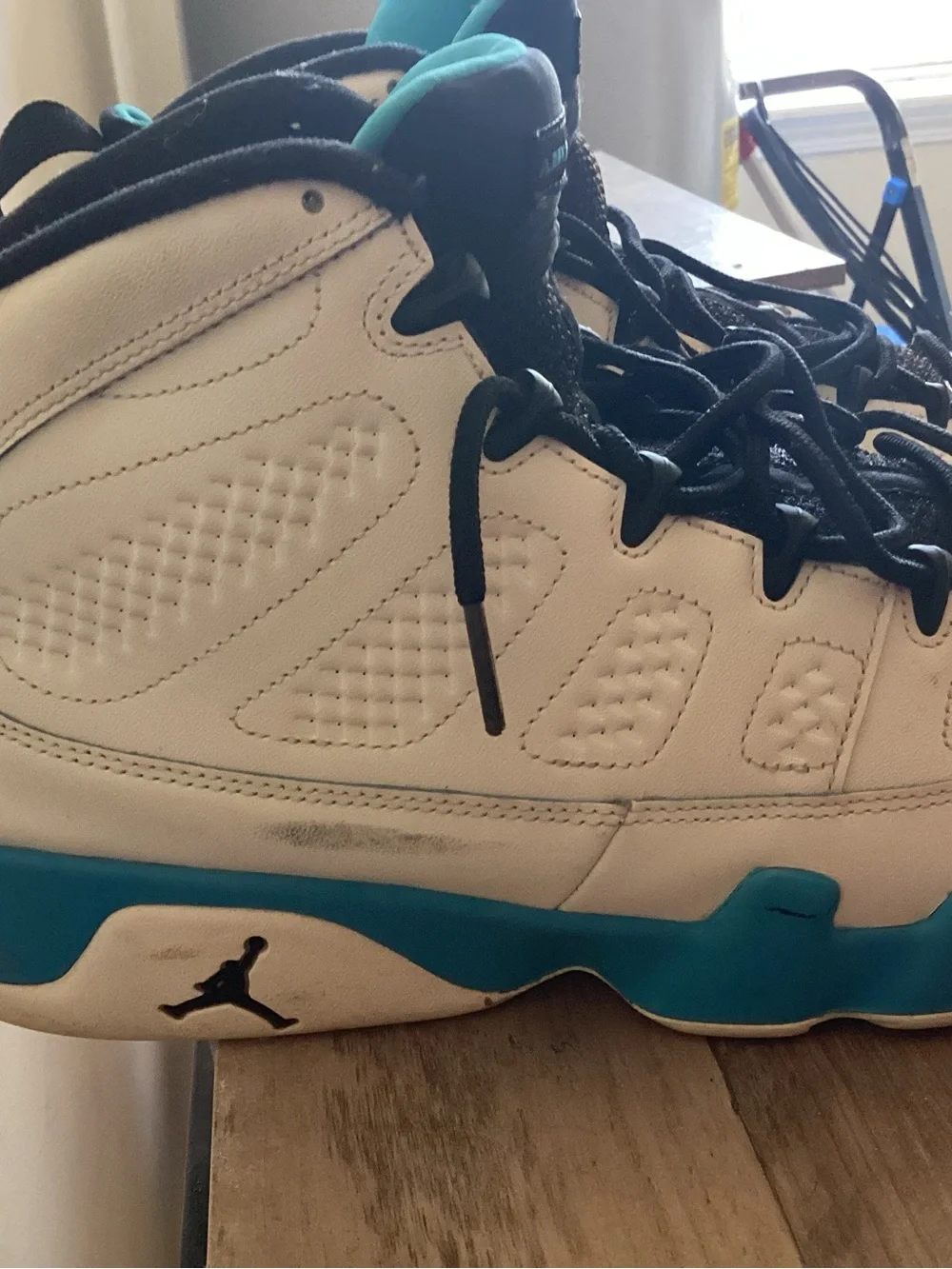 Jordan Men’s Black and Teal White-Accented High-Top Sneakers